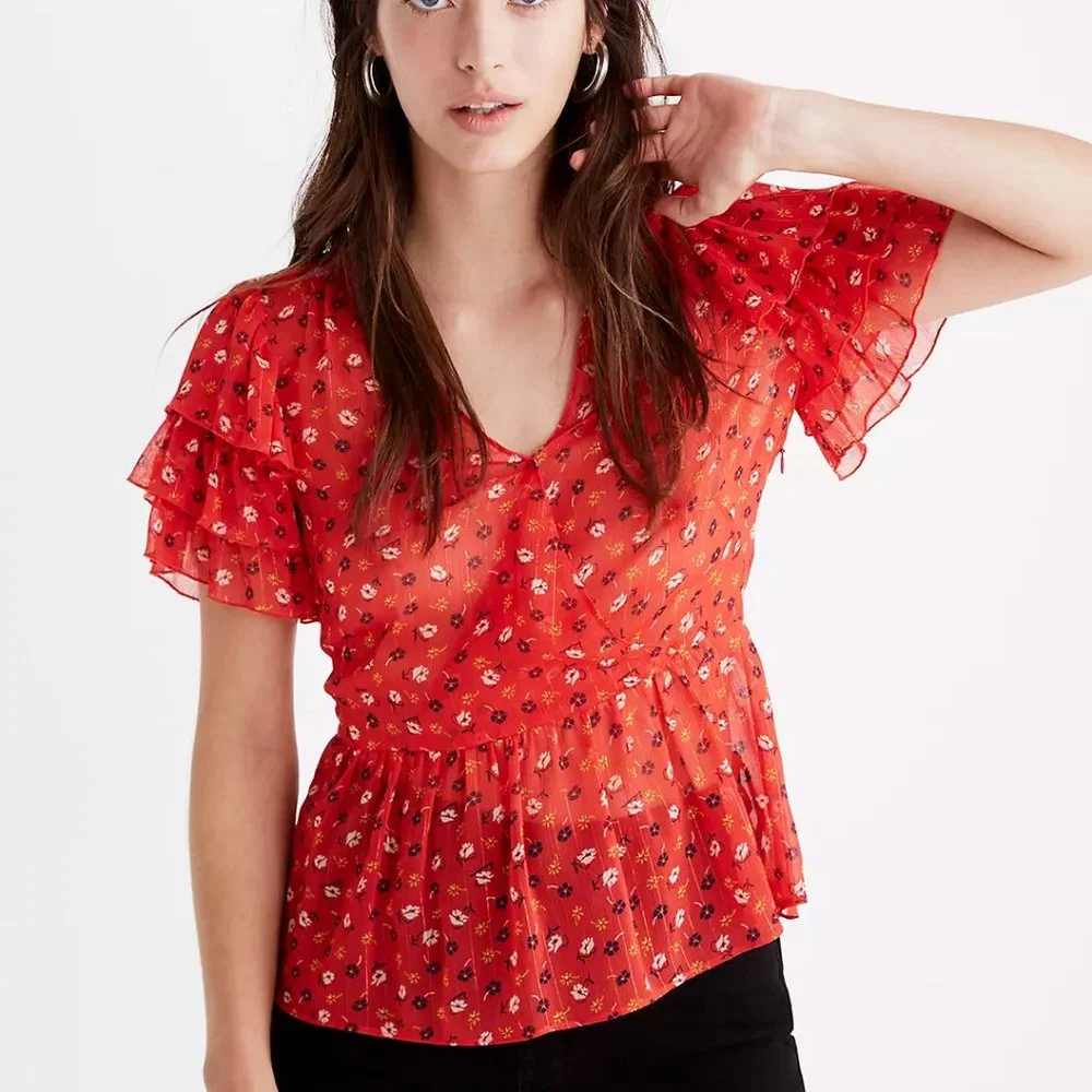 Madewell Red Floral Print Blouse / Tiered-Sleeve Peplum Top - Picture 1 of 7